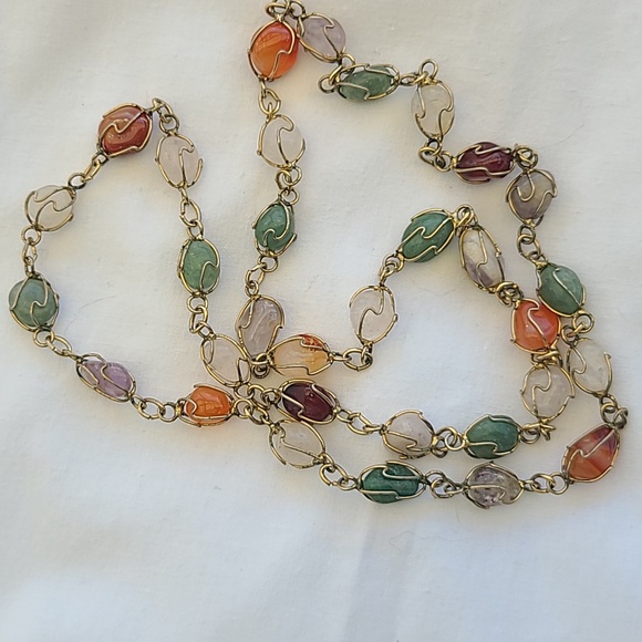 Vintage Cage Stone Necklace, Wire Wrapped Semi Precious Gemstones 26" Necklace - Picture 4 of 5